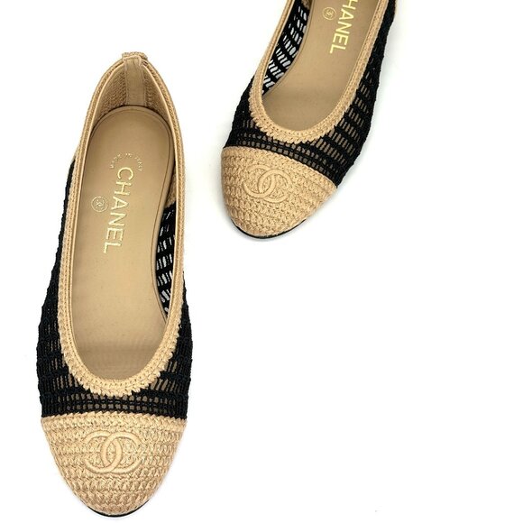 CHANEL 25P CC Raffia Crochet Woven Two Tone Cap Toe Ballerina Ballet Flat Shoes - Picture 13 of 15